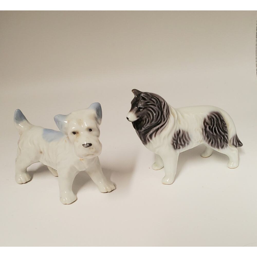 2 Vintage Miniature Dog Glazed Ceramic Figurines Collie Schnauzer Terrier
